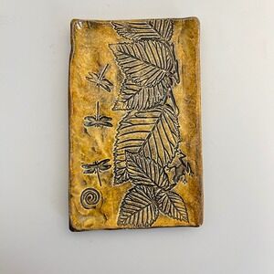 Dragonfly Leaf‎ Ceramic Trinket Dish Yellow Brown Handmade Studio Art